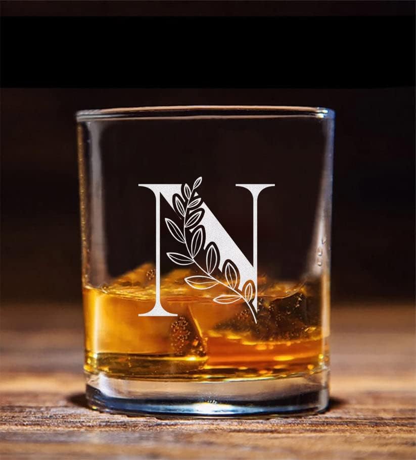 Çiçekli Monogram ' N ' viski bardağı-AZ Harfi Kazınmış-Sapsız viski bardağı-Baba için Hediyeler-Anneler Günü-Anne