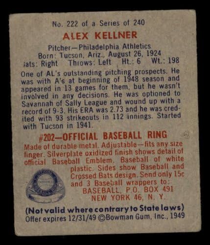 1949 Okçu 222 Alex Kellner Philadelphia Atletizm (Beyzbol Kartı) VG Atletizm