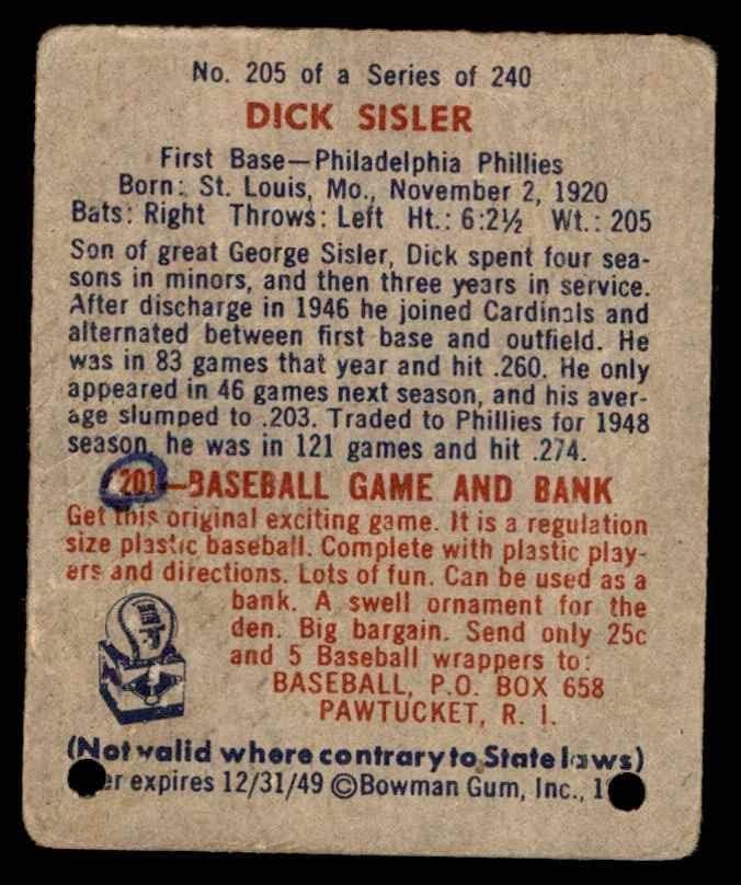 1949 Okçu 205 Dick Sisler Philadelphia Phillies (Beyzbol Kartı) ZAVALLI Phillies