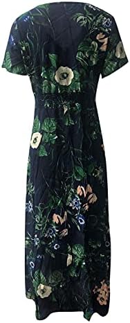 Kadın Maxi uzun elbise Bohemian Çiçek Baskı Zarif Sundress Kısa Kollu V Boyun Flowy Parti Elbiseler Vestidos
