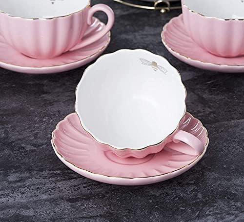Teşhir Standlı Euro Tarzı Porselen Çay Seti, 4 Çay Fincanı ve Tabağı Olan Çaydanlık-Bardağın İçinde Altın Arı (Pembe)