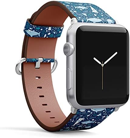 (Sevimli Köpekbalıkları ile Sualtı Deseni) Apple Watch Serisi 4/3/2/1 gen için Desenli Deri Bileklik Kayışı, iWatch