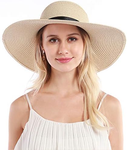 Bayan Hasır Şapka Geniş Kenarlı Disket Plaj güneş şapkası Kadınlar için UPF 50 + Ayarlanabilir Kayış Tatil