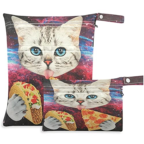 visesunny Komik Kedi Galaxy fermuarlı Cepli 2 adet ıslak çanta Yıkanabilir Kullanımlık Seyahat için geniş Bebek Bezi