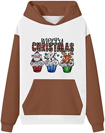 Kadın Merry Christmas Sevimli Hoodies Genç Kız Büyük Boy Tişörtü Casual Colorblock Y2K svetşört Cep ile
