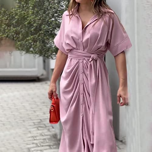 MIASHUI Yaz askı elbise Yaka Orta Uzunlukta Gömlek Elbise Elbise Kısa Kollu Tek Göğüslü Yüksek Bel Bayan yaz elbisesi