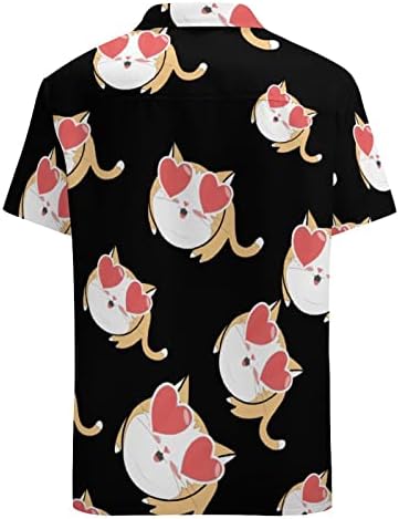 Sevimli kedi erkek gömlek kısa kollu V boyun grafik Tees düğmeli plaj T Shirt