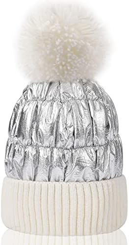 Muryobao Womens Kış Bere Şapka Sıcak Polar Astarlı Parlak Metalik Pom Kaflı Örgü Kafatası Kap
