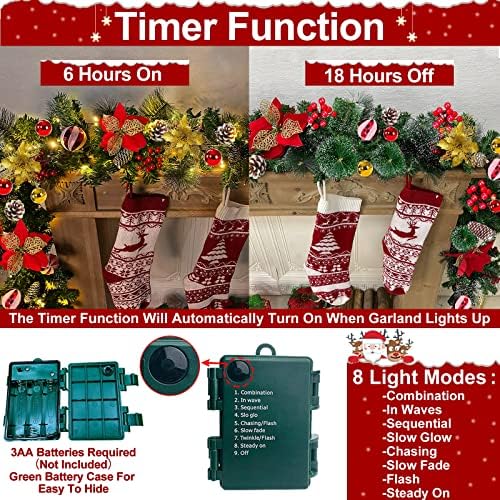 [2 Paket ve Zamanlayıcı] 9 Ft 100 LED Önceden Aydınlatılmış Noel Çelenk Işıklı 8 Mod, Her Biri 18 Top 6 Atatürk Çiçeği
