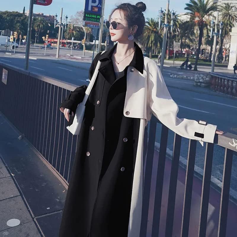 HSQIBAOER Kruvaze Turn-Aşağı Yaka Kadın Palto Kontrast Renk Patchwork Giyim Uzun Büyük Kadın Rüzgarlık