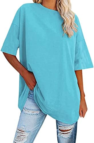 LYTRYCAMEV Bayan Üstleri Yaz Kısa Kollu Gömlek Kadınlar için Dışarı Çıkmak Moda Üst Rahat Gevşek Crewneck Katı Bluzlar