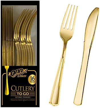 ONN + ToGo 16 Altın plastik çatal bıçak takımı - Partilerde, ziyafetlerde, kutlamalarda masalarınızı süslemek için
