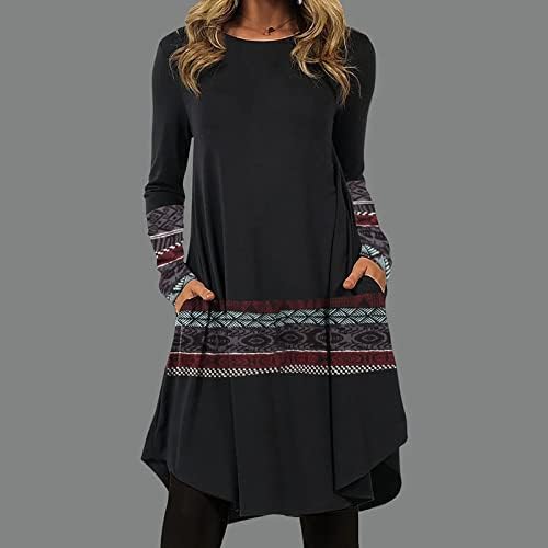 NOKMOPO kadın Moda rahat elbise Retro Baskı Yuvarlak Boyun Uzun Kollu Elbise Gevşek Orta Uzunlukta Diz Cep Elbiseler
